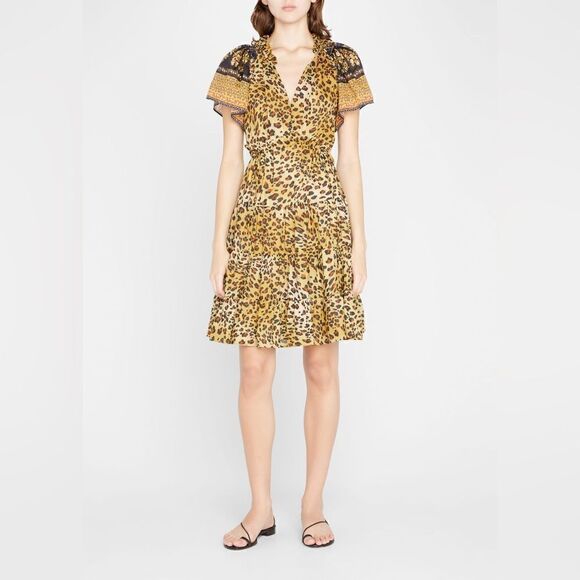 Kobi Halperin Black & Orange Leopard Print Jolie V Neck A Line Tiered Dress - Picture 1 of 10